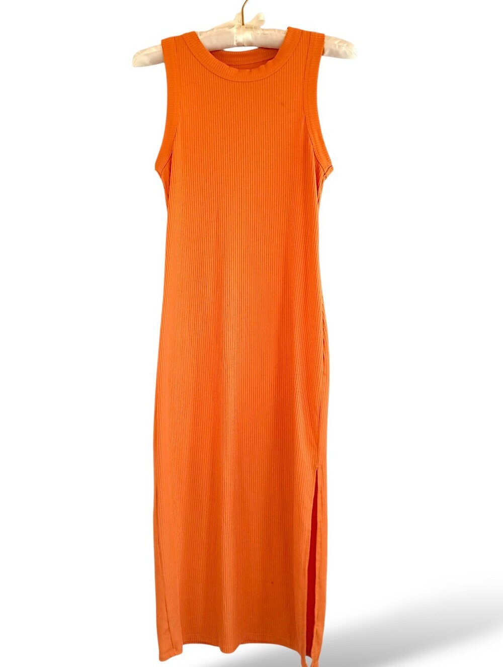 Orange Ribbed Midi Dress Sleeveless Stretchy Soft Bodycon Colorful Summer Casual